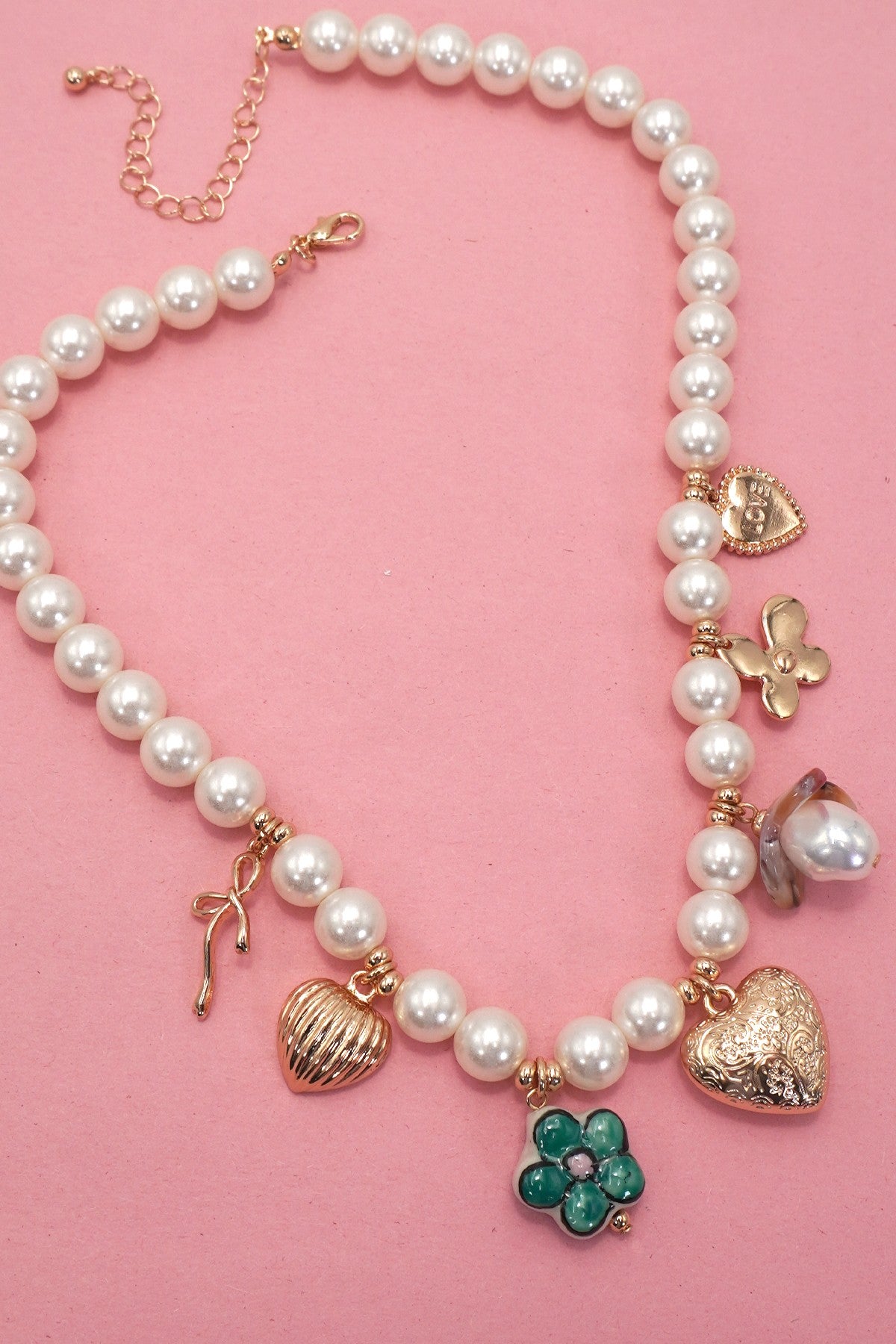 Charm Pearl Necklace-heart Porcelain Flower Bow