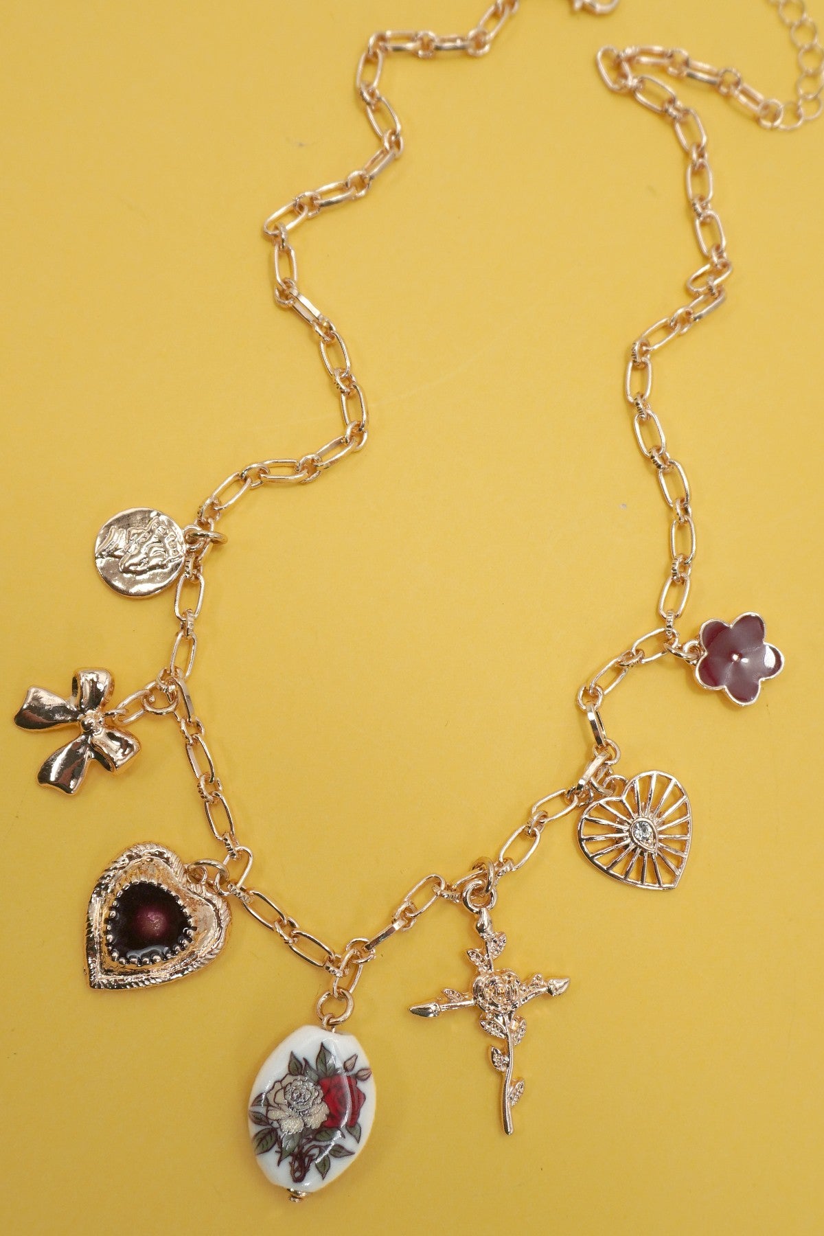 Charm Necklace-Heart Porcelain Flower Bow Cross