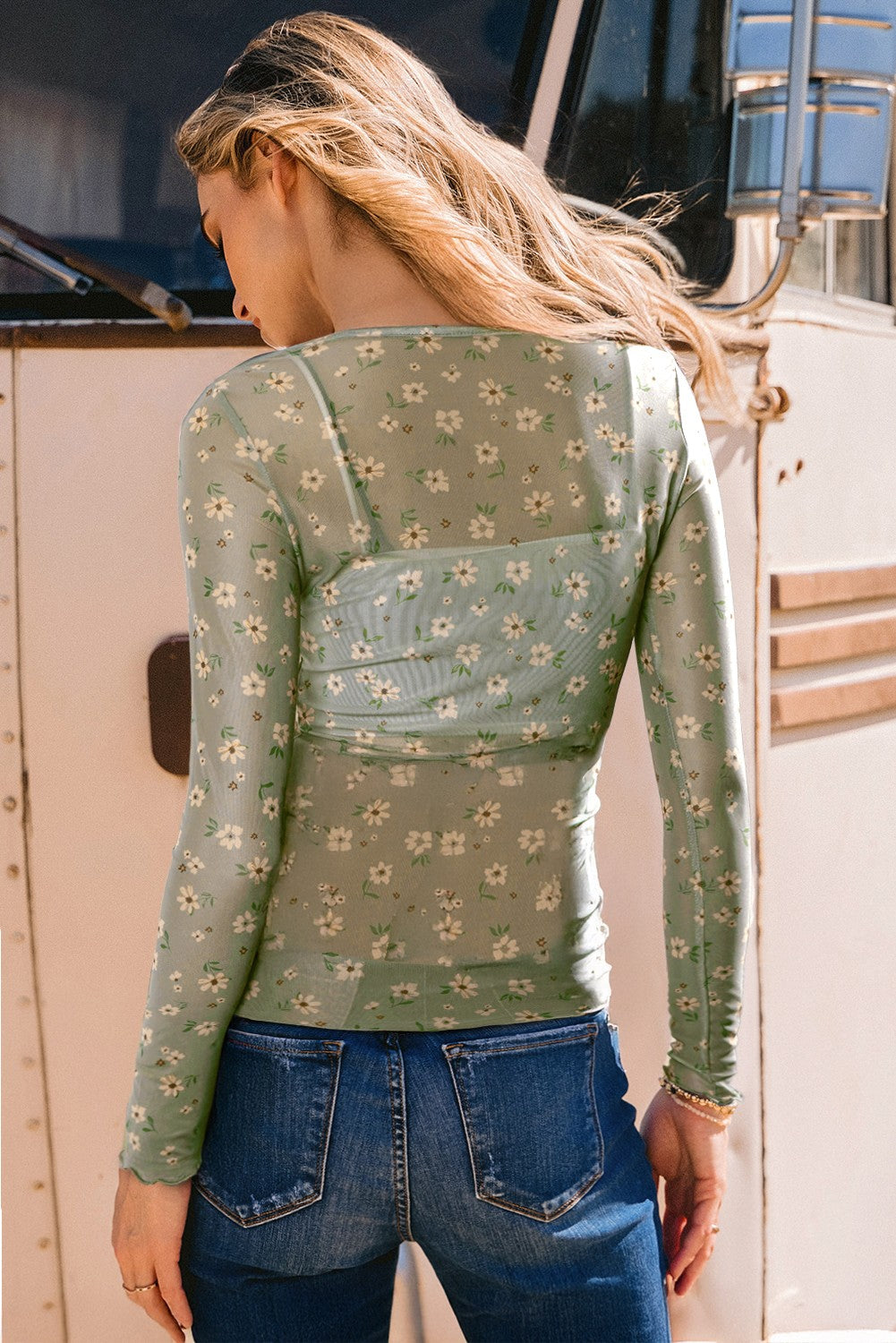 Floral Southern Style Mesh Long Sleeve Top