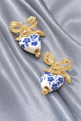 Blue And White Porcelain Heart Earrings