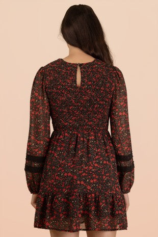 Lace Trim Smocking Printed Mini Dress