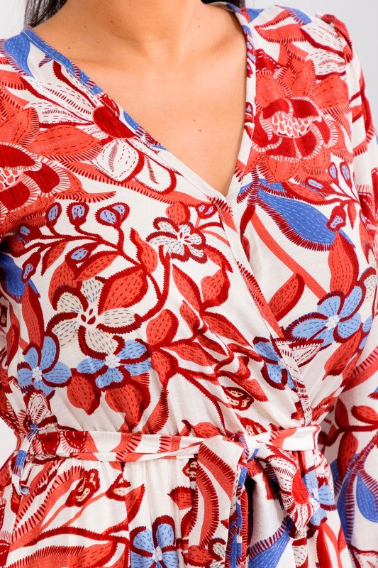 Red Floral Print Long Sleeve Maxi Dress