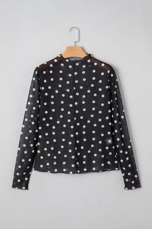 Polka Dot Mock Neck Mesh Long Sleeve Top