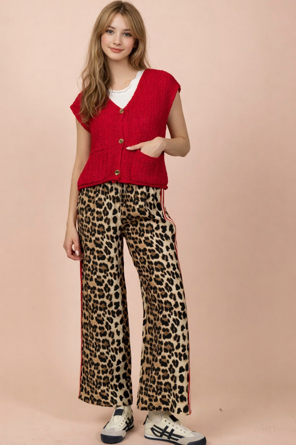 Side Stripe Tape Detail Leopard Wide Leg Pants