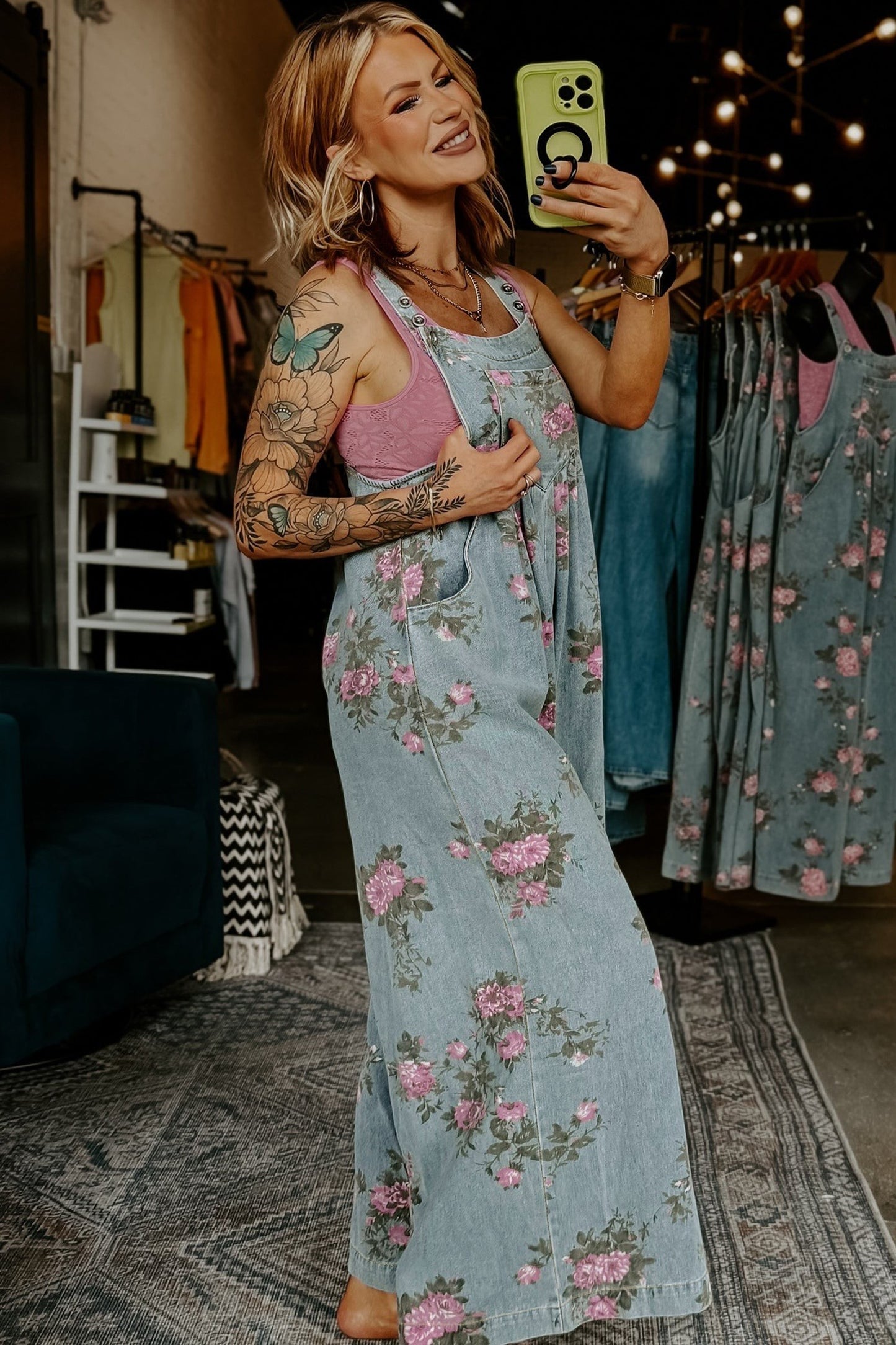 Floral Print Pleated Denim Jumpsuit