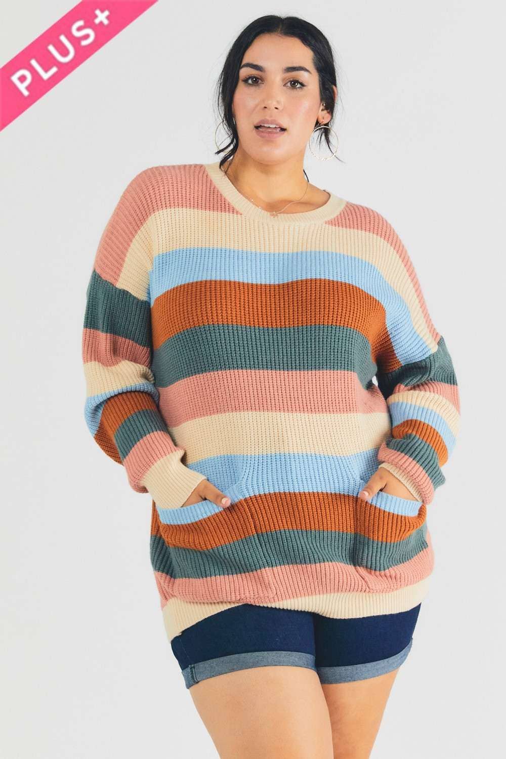 MULTI STRIPE ROUND NECK LONG SLEEVE SWEATER