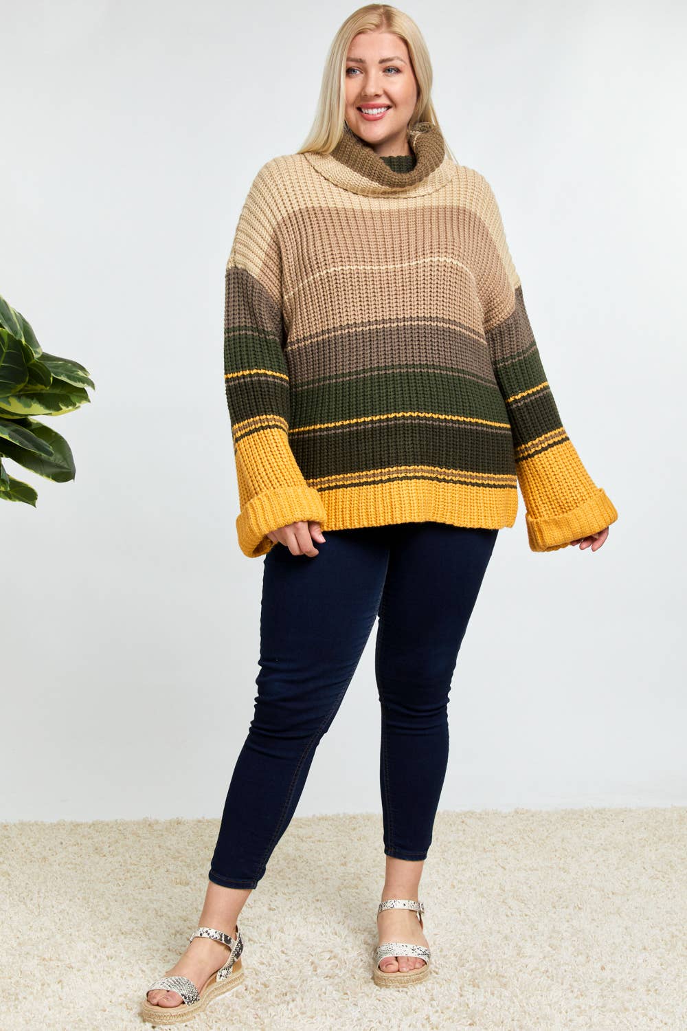 COLOR BLOCK TURTLE NECK LONG SLEEVE SWEATER
