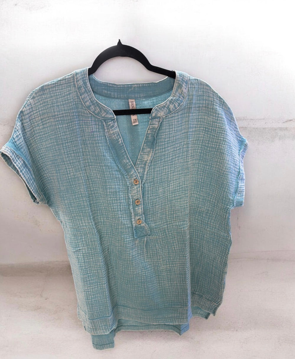 Zenana Dusty Teal Gauze Top