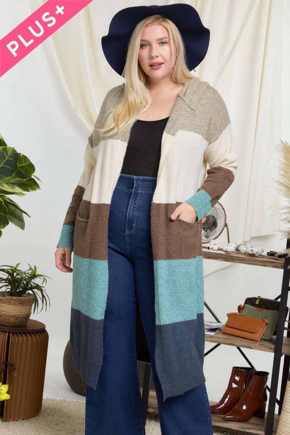 COLOR BLOCK HOODIE OPEN CARDIGAN