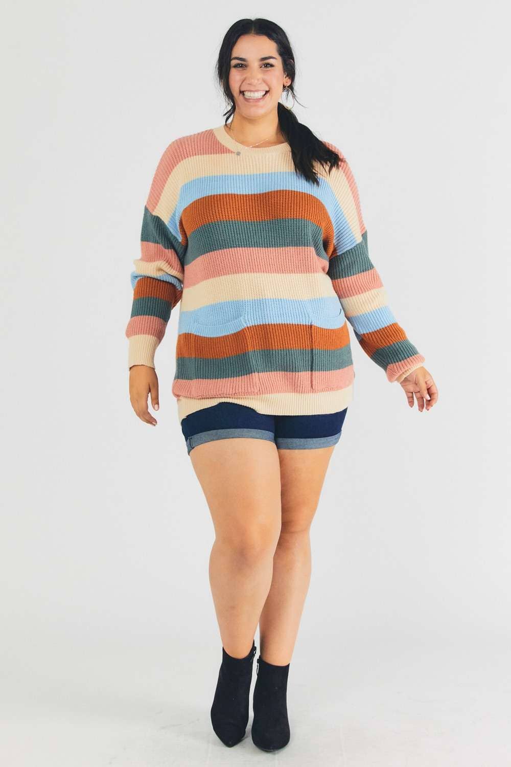 MULTI STRIPE ROUND NECK LONG SLEEVE SWEATER