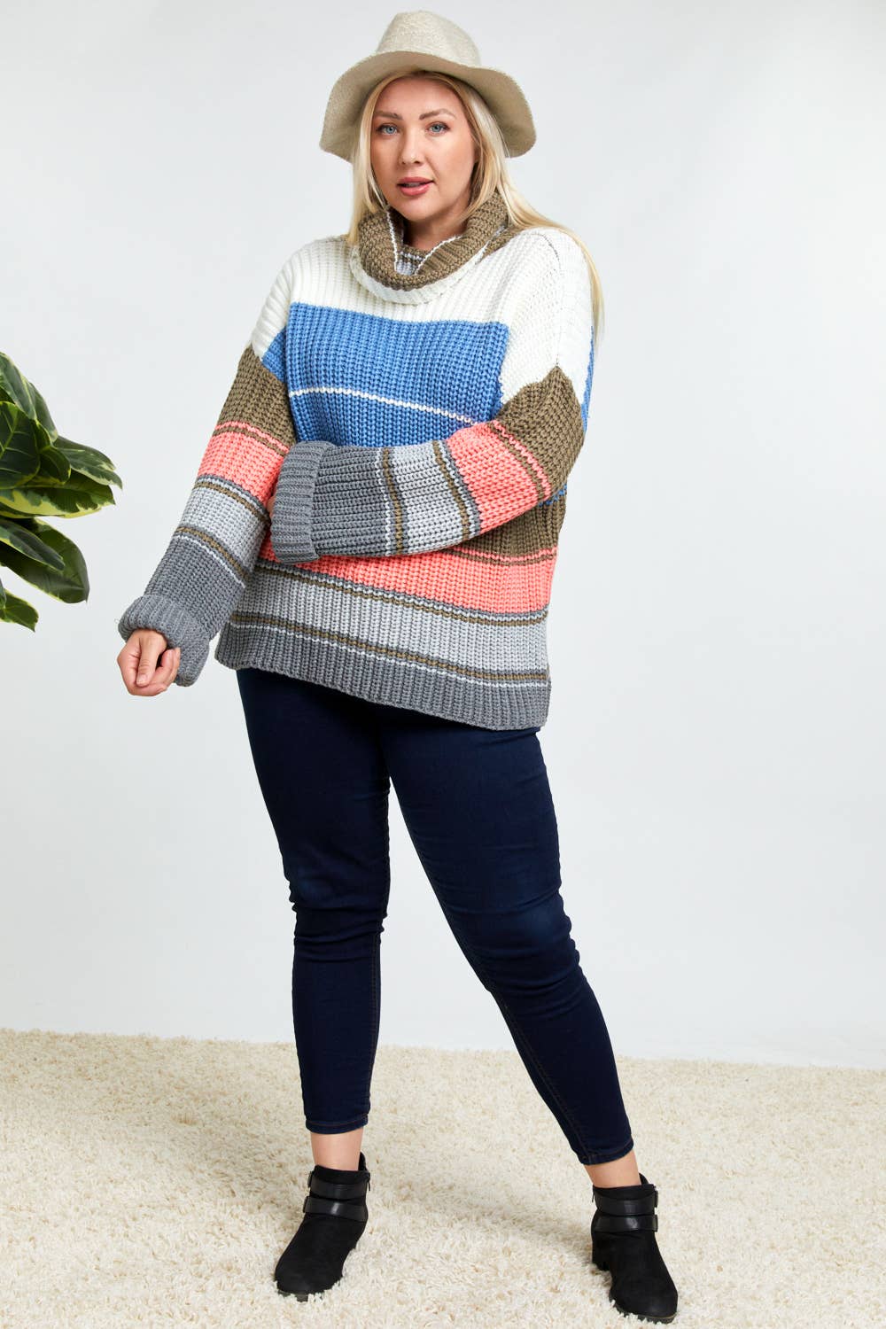 COLOR BLOCK TURTLE NECK LONG SLEEVE SWEATER