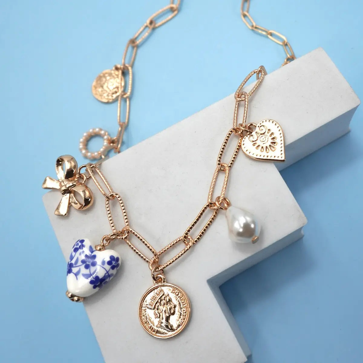 Ceramic Porcelain Bow Heart Charm Necklace