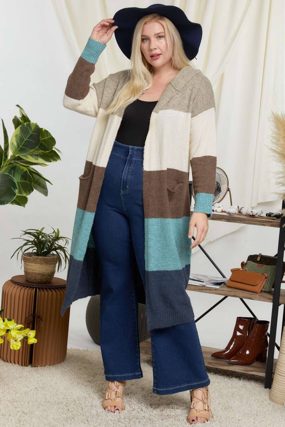 COLOR BLOCK HOODIE OPEN CARDIGAN