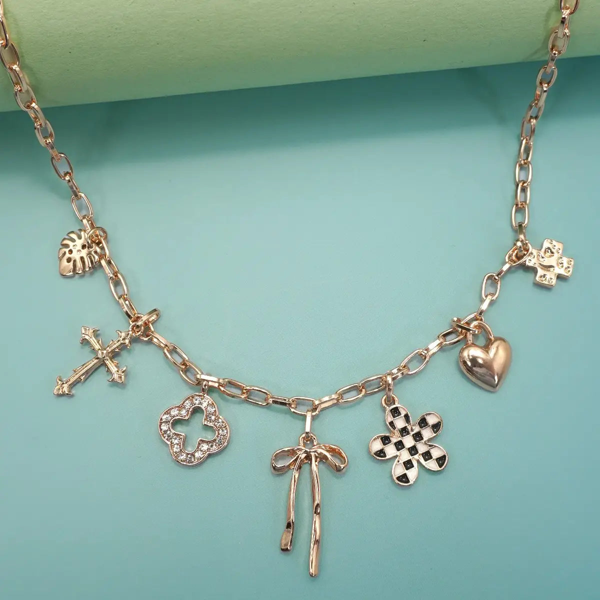 Charm Necklace Clover Bow Checker Flower Heart