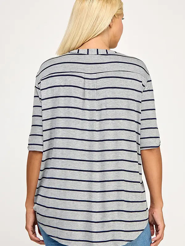 Striped Henley with Rolled Sleeve