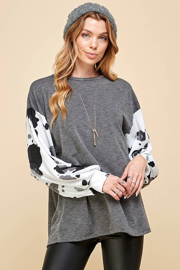 COW PRINT BLOCK LONG SLEEVE TOP