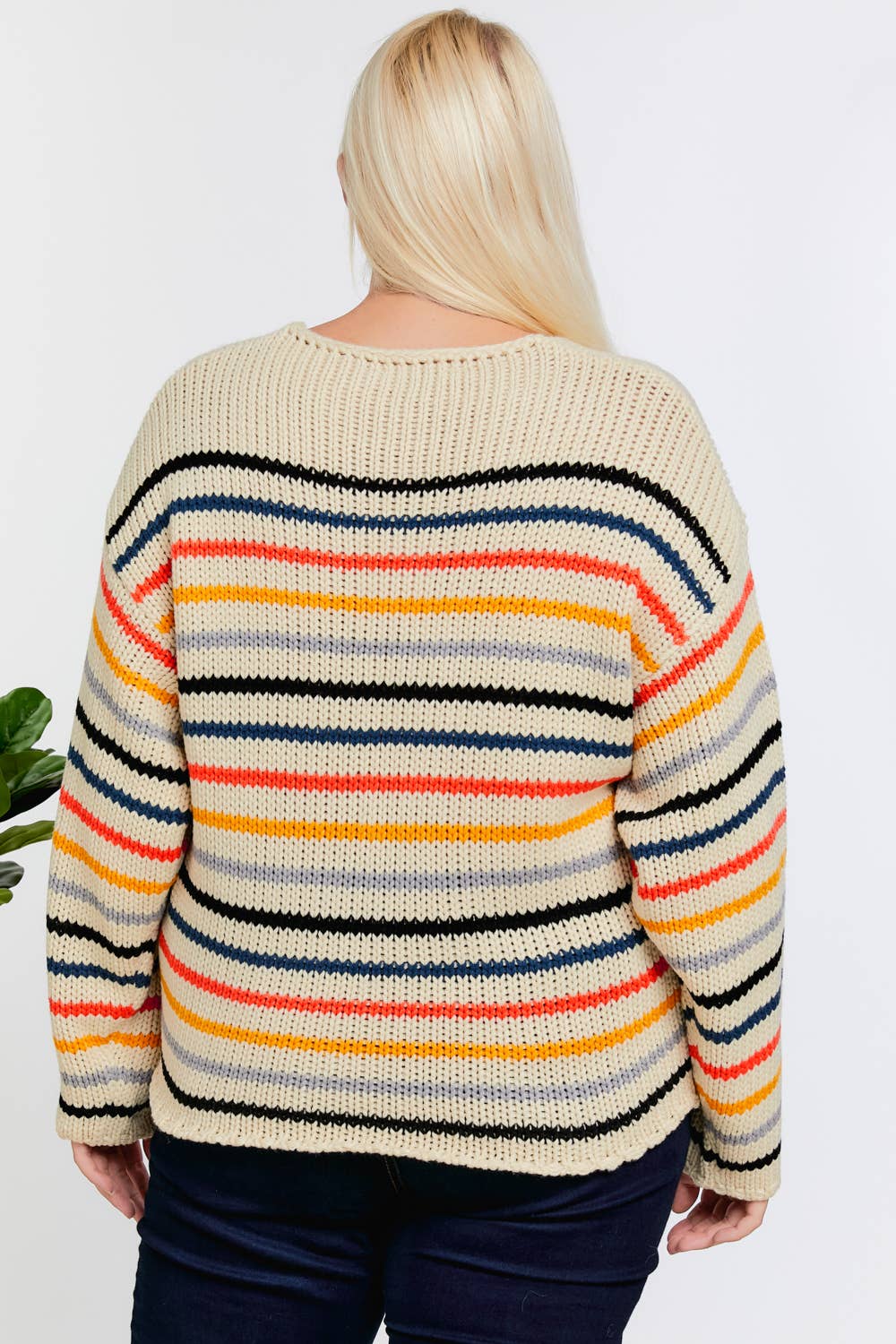 STRIPE ROUND NECK LONG SLEEVE KNIT SWEATER