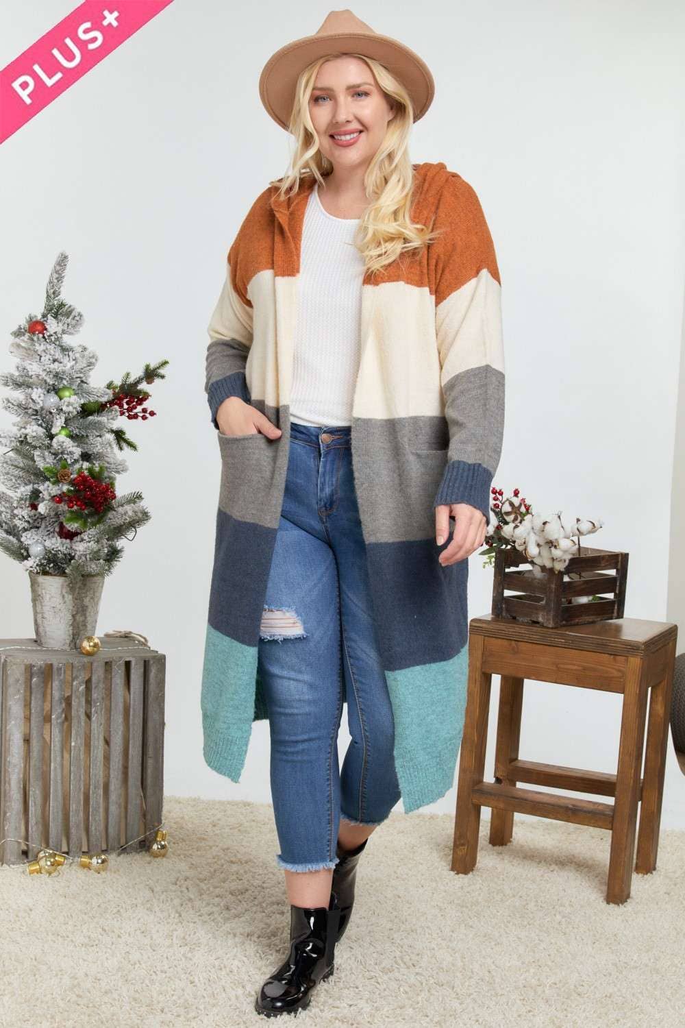 COLOR BLOCK HOODIE OPEN CARDIGAN