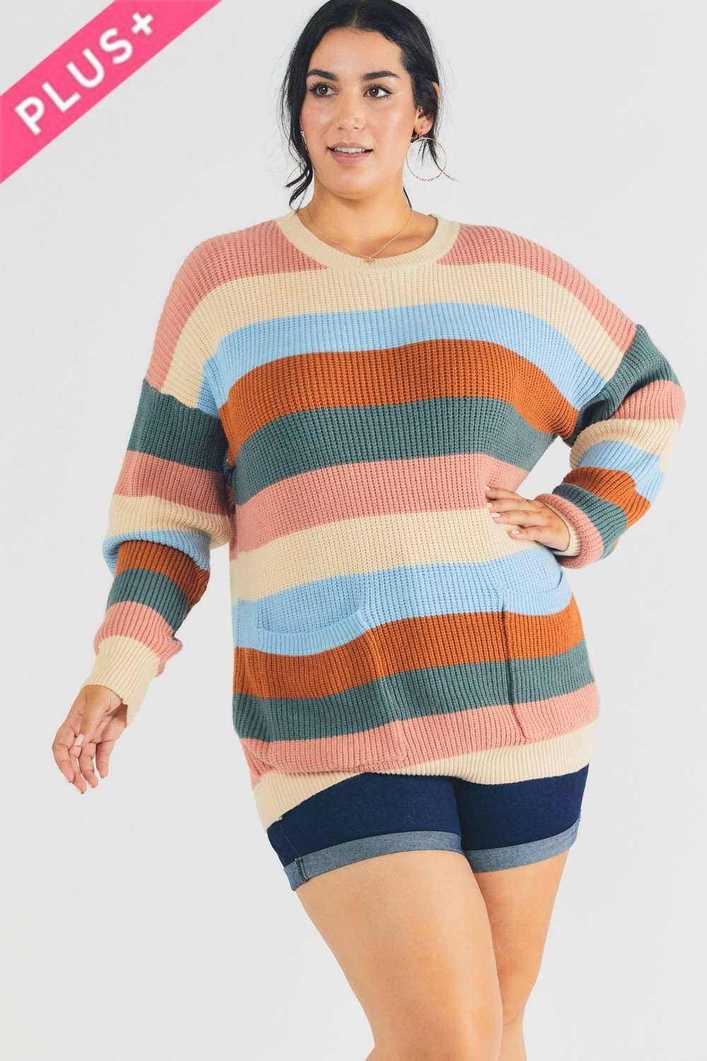 MULTI STRIPE ROUND NECK LONG SLEEVE SWEATER