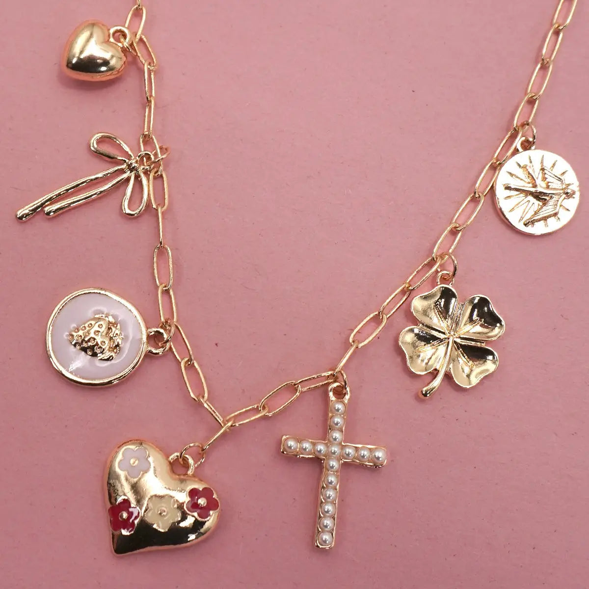 Charm Necklace Cross Clover Heart Bow