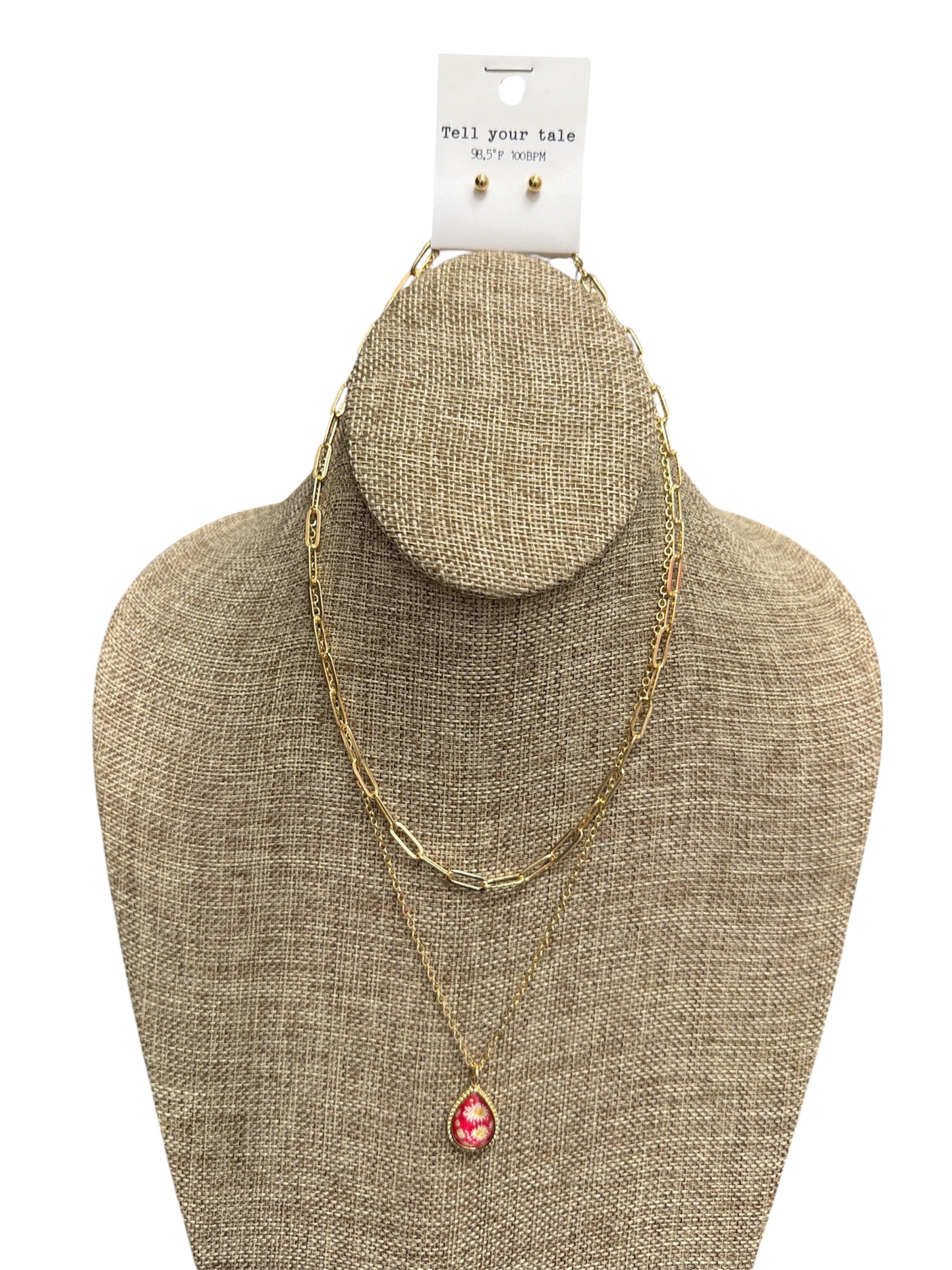 Gold Pink Tear Drop 2 Layer Necklace and Earring