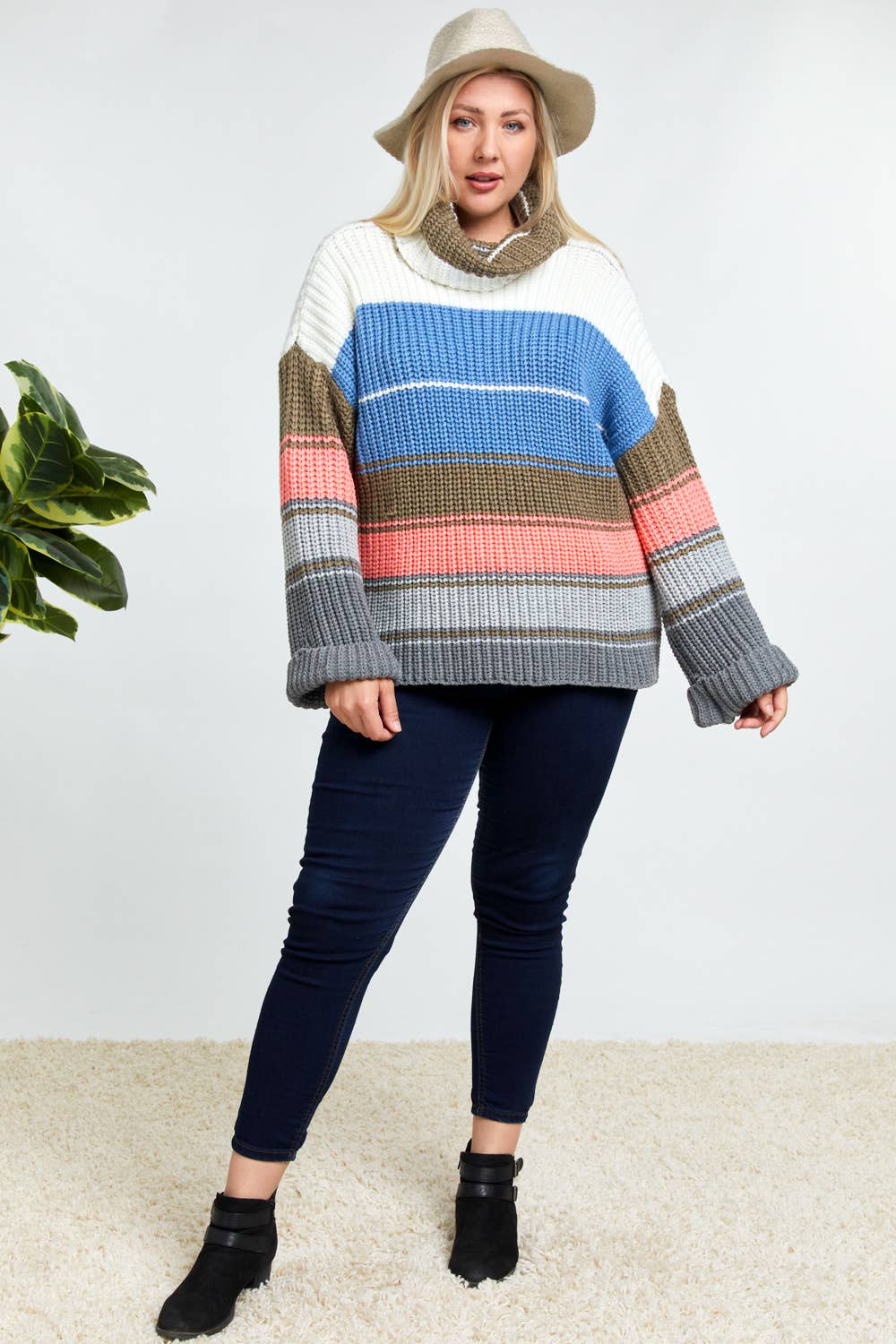 COLOR BLOCK TURTLE NECK LONG SLEEVE SWEATER