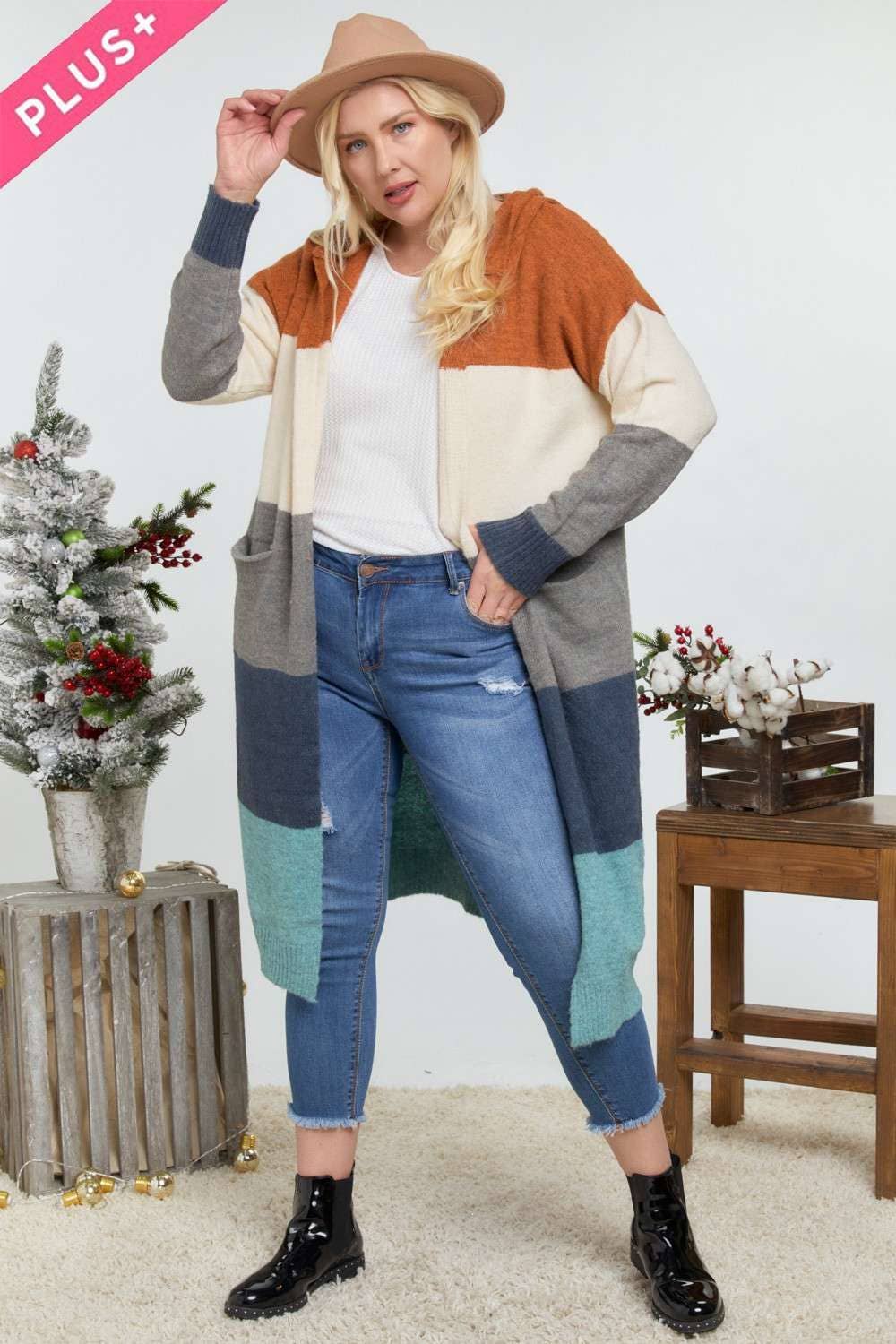 COLOR BLOCK HOODIE OPEN CARDIGAN