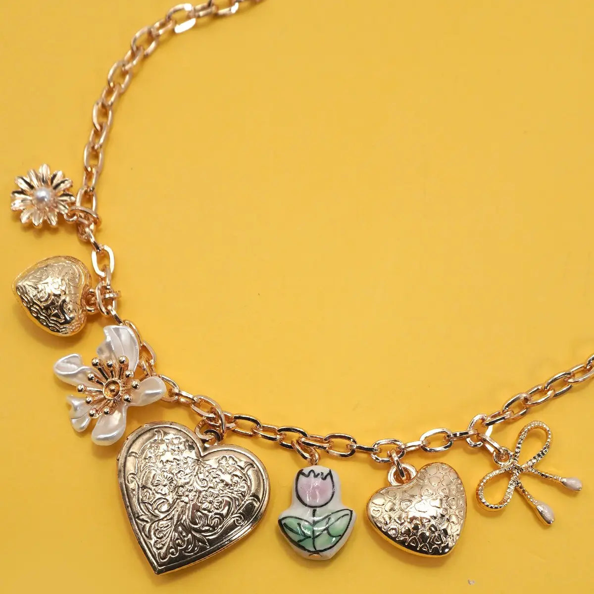 Charm Necklace Heart Locket Porcelain Flower Bow