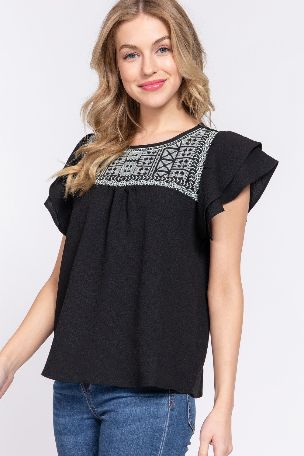 Short Ruffle Sleeve With Embroidered Top