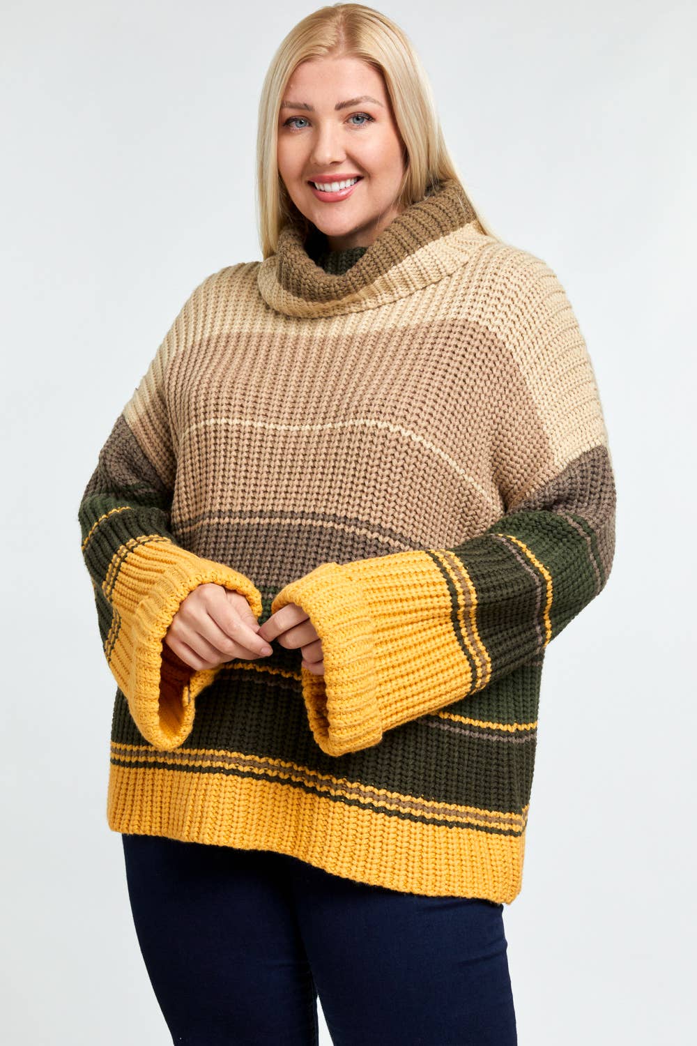 COLOR BLOCK TURTLE NECK LONG SLEEVE SWEATER