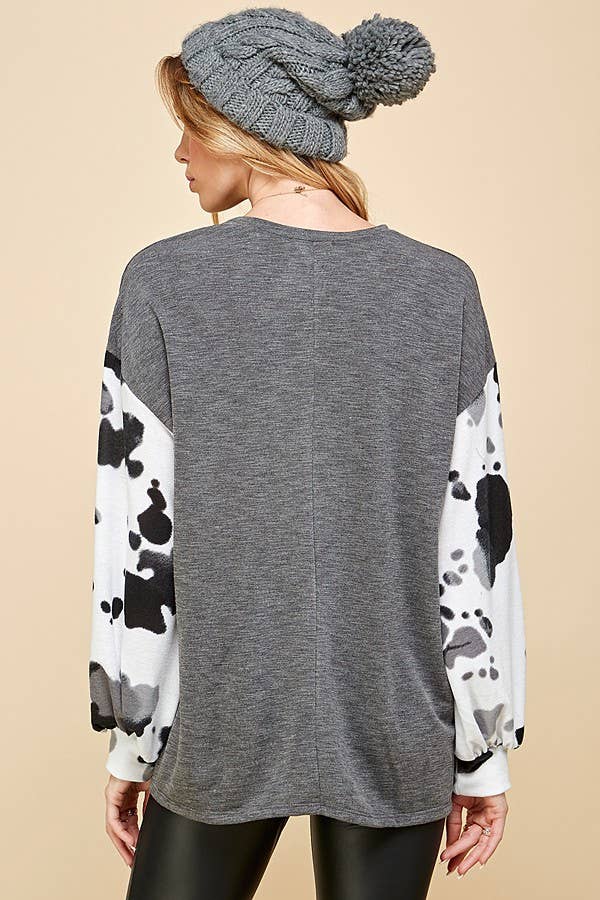 COW PRINT BLOCK LONG SLEEVE TOP
