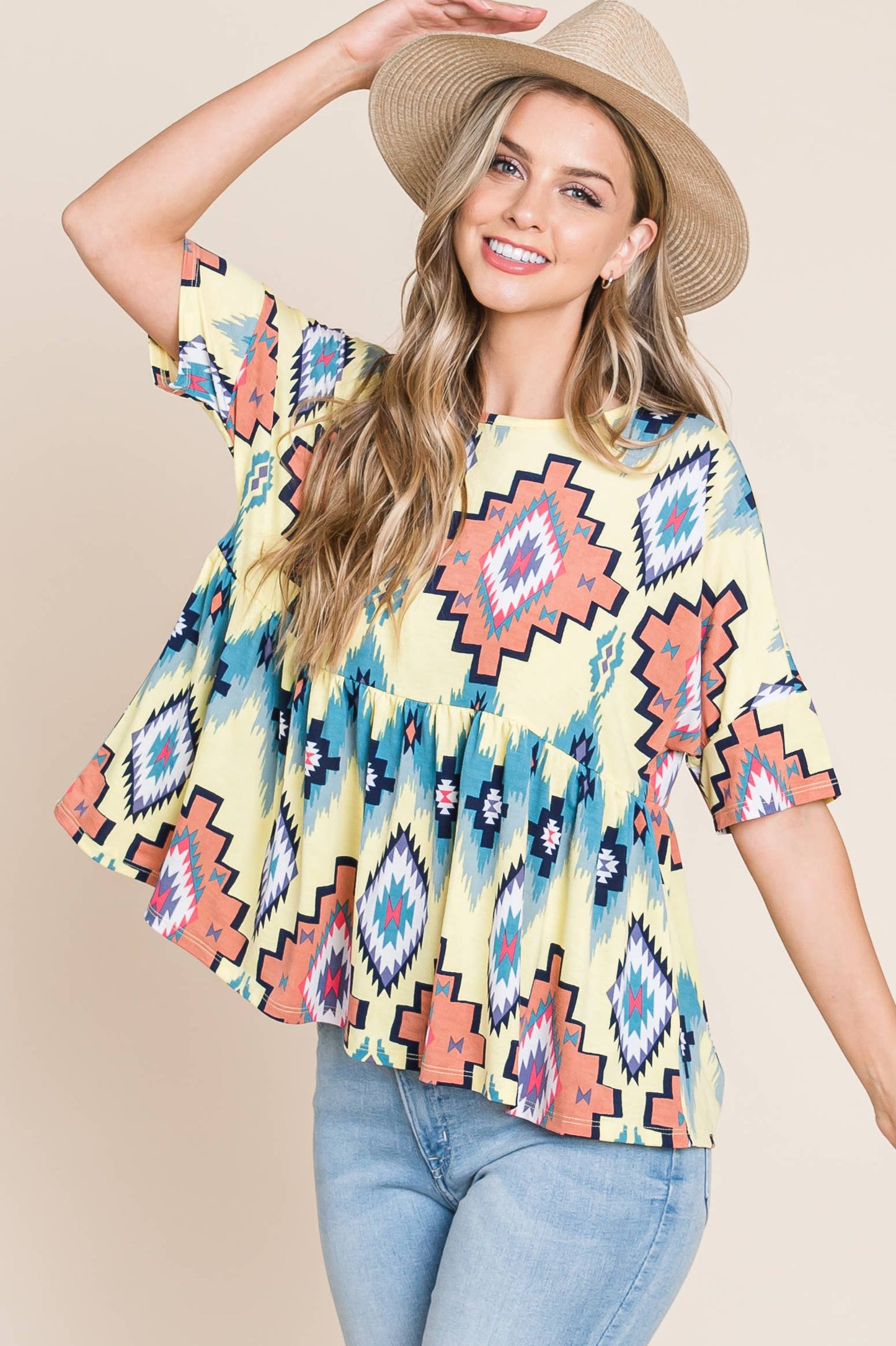 AZTEC PRINT PEPLUM TOP