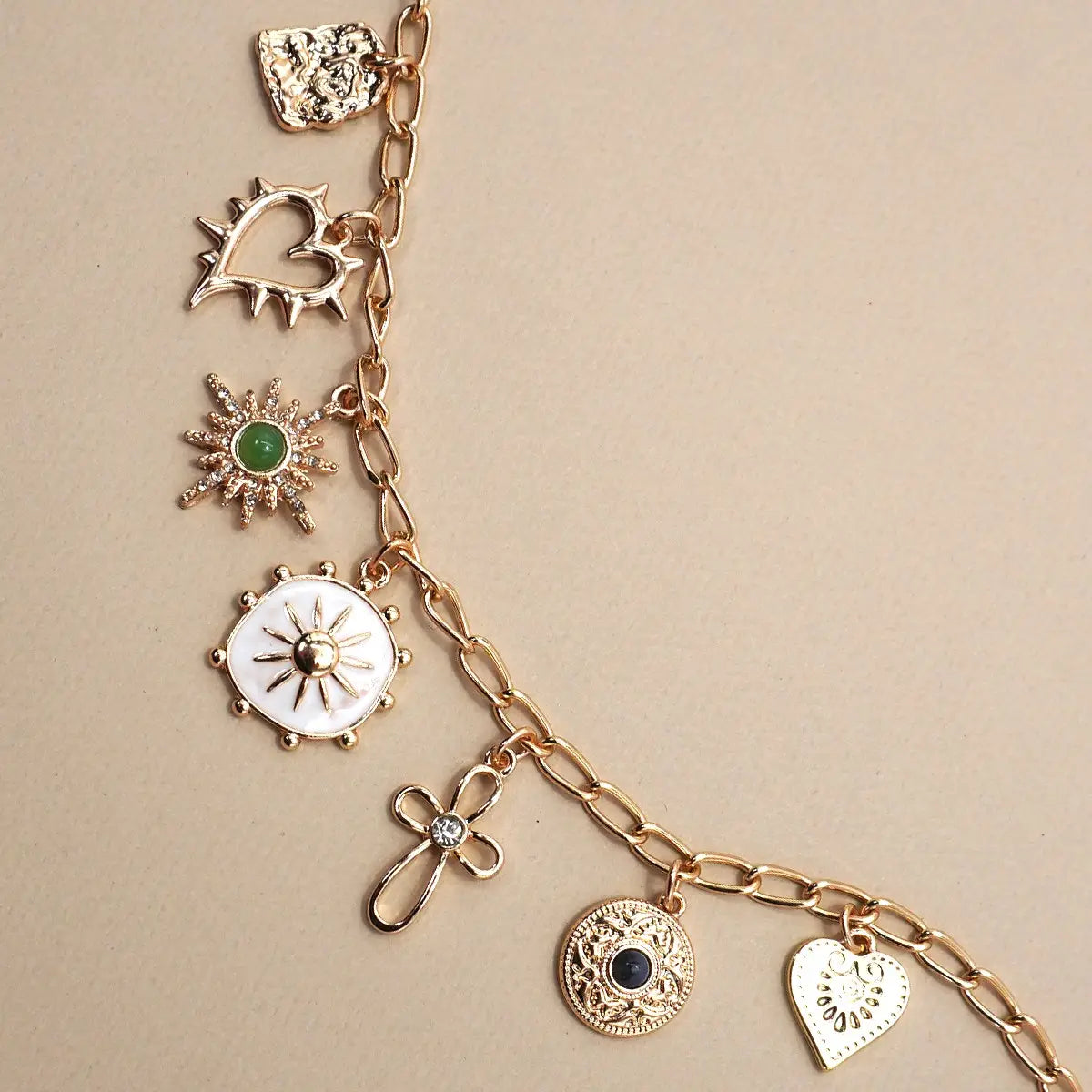 Charm Necklace Heart Cross Sunburst Stone