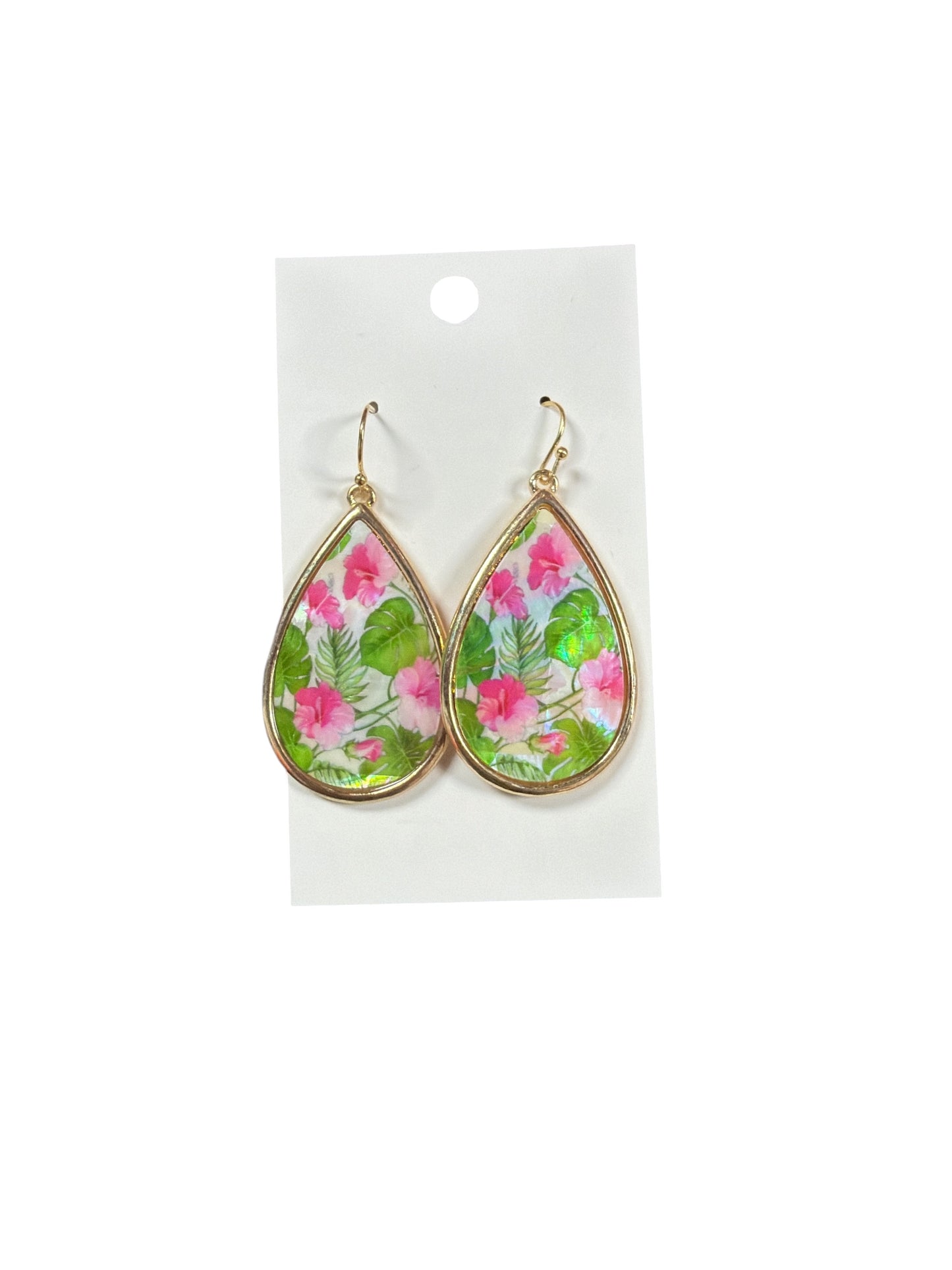 Tear Drop Gold Trim Pink Flower Earring