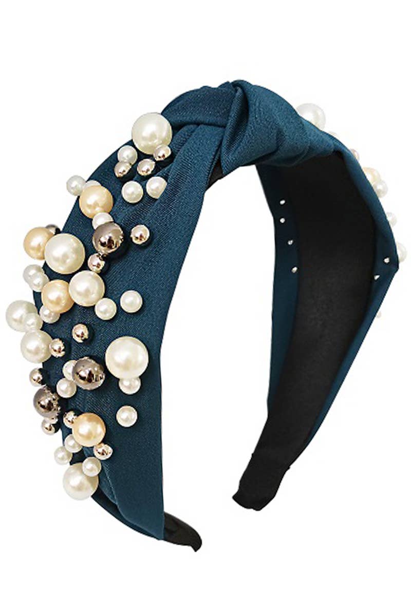 Lux Faux Pearl Metal Ball Twill Cotton Twist Knot Headband