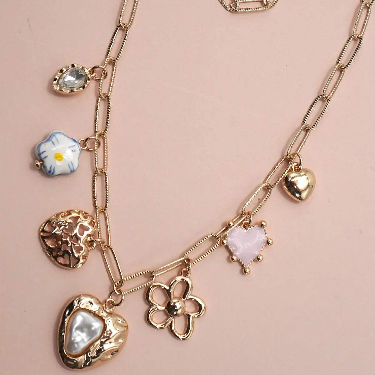 Charm Necklace Porcelain Heart Flower Charm