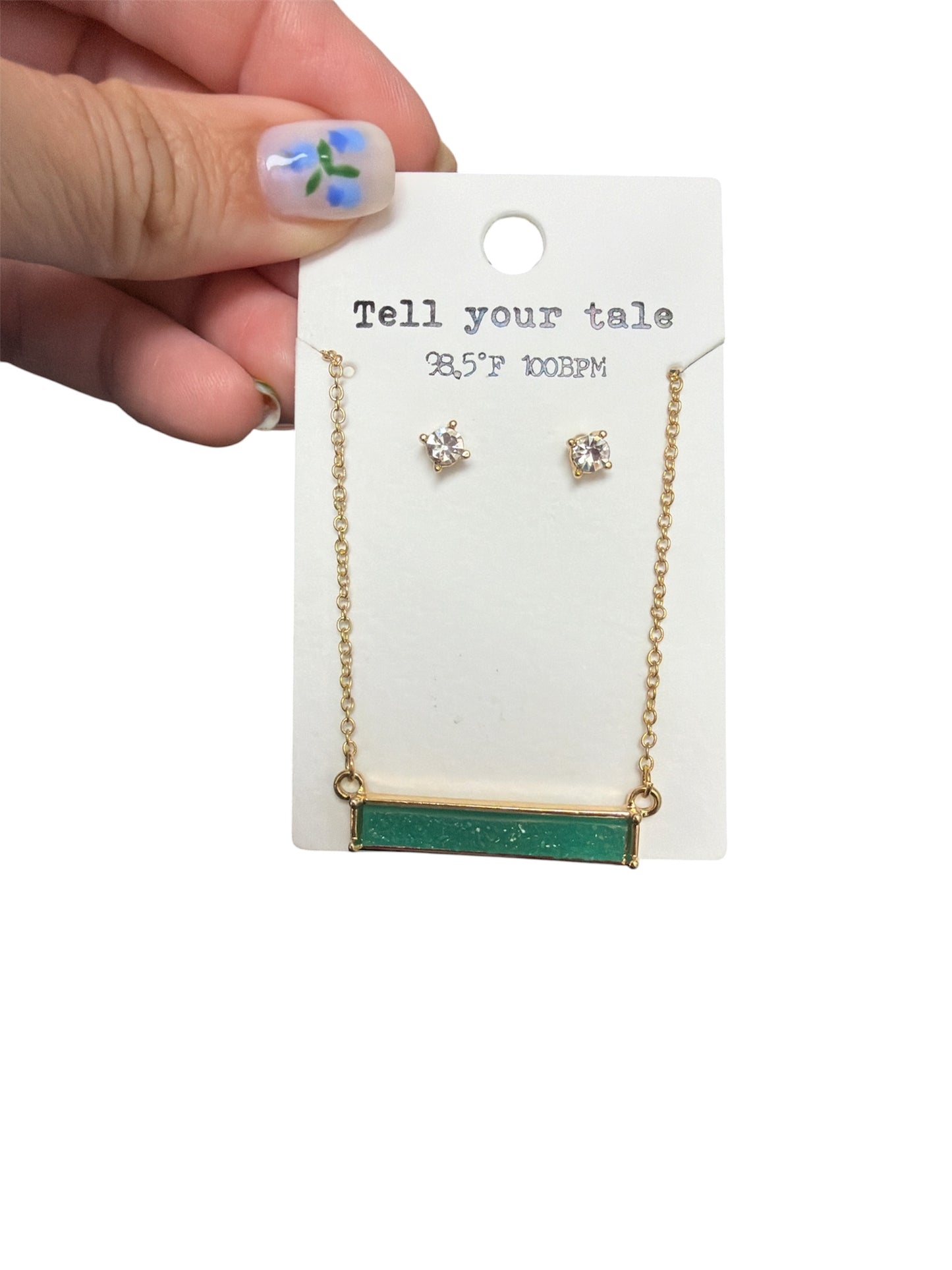Gold Green Bar Necklace and Earring