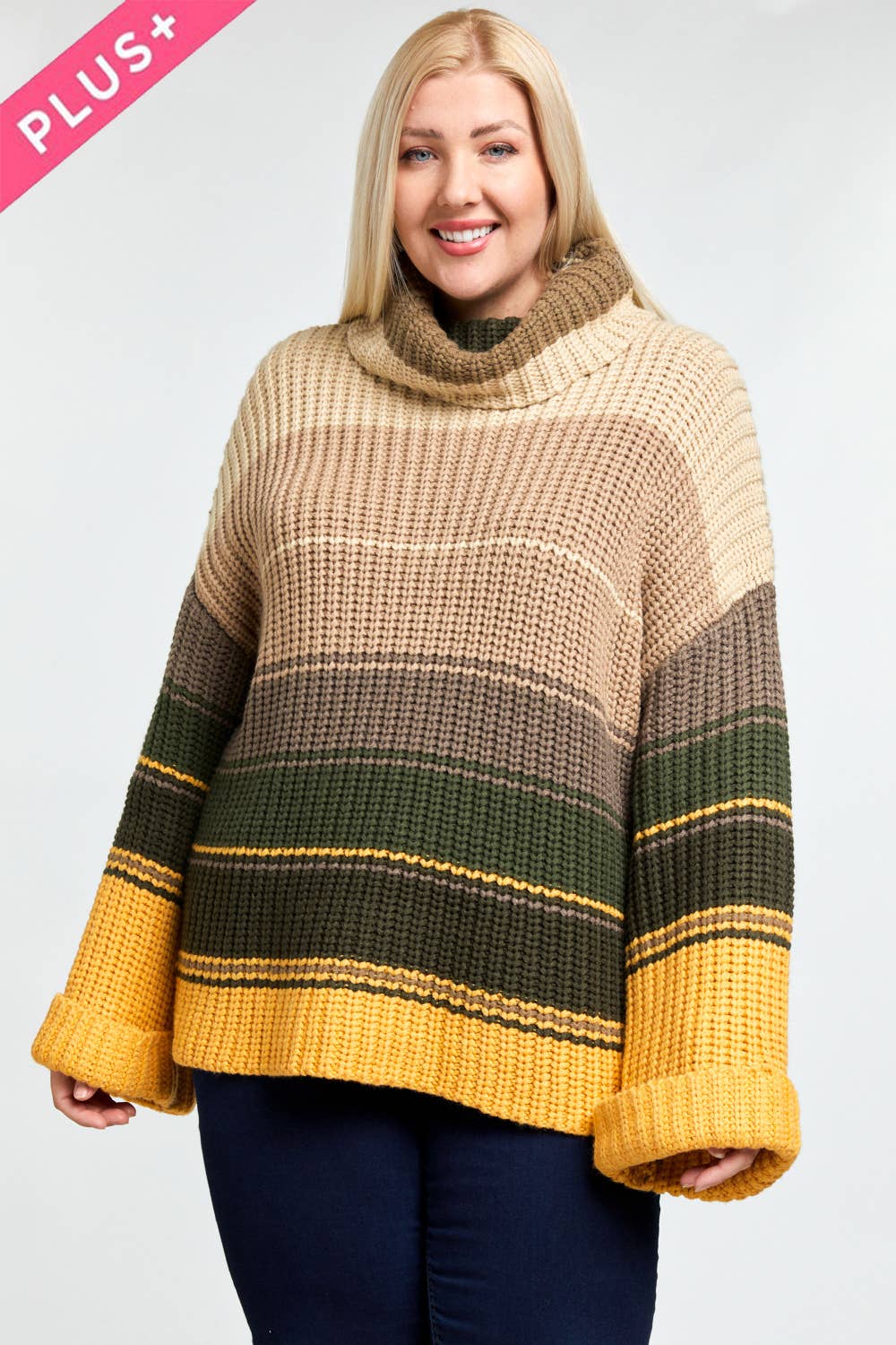 COLOR BLOCK TURTLE NECK LONG SLEEVE SWEATER