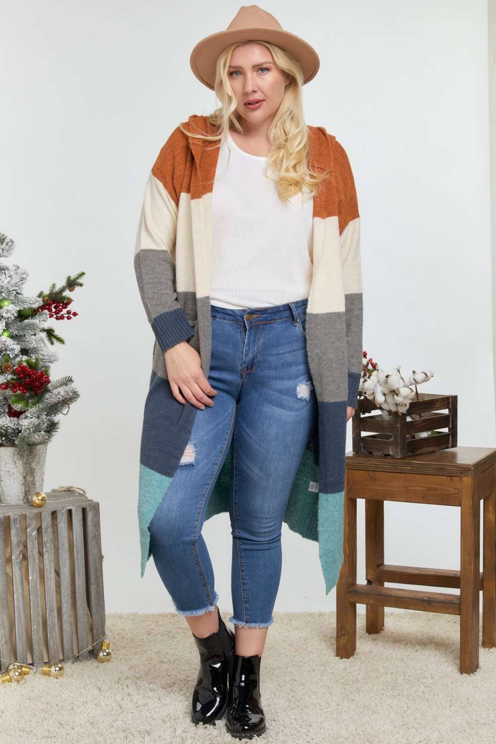 COLOR BLOCK HOODIE OPEN CARDIGAN