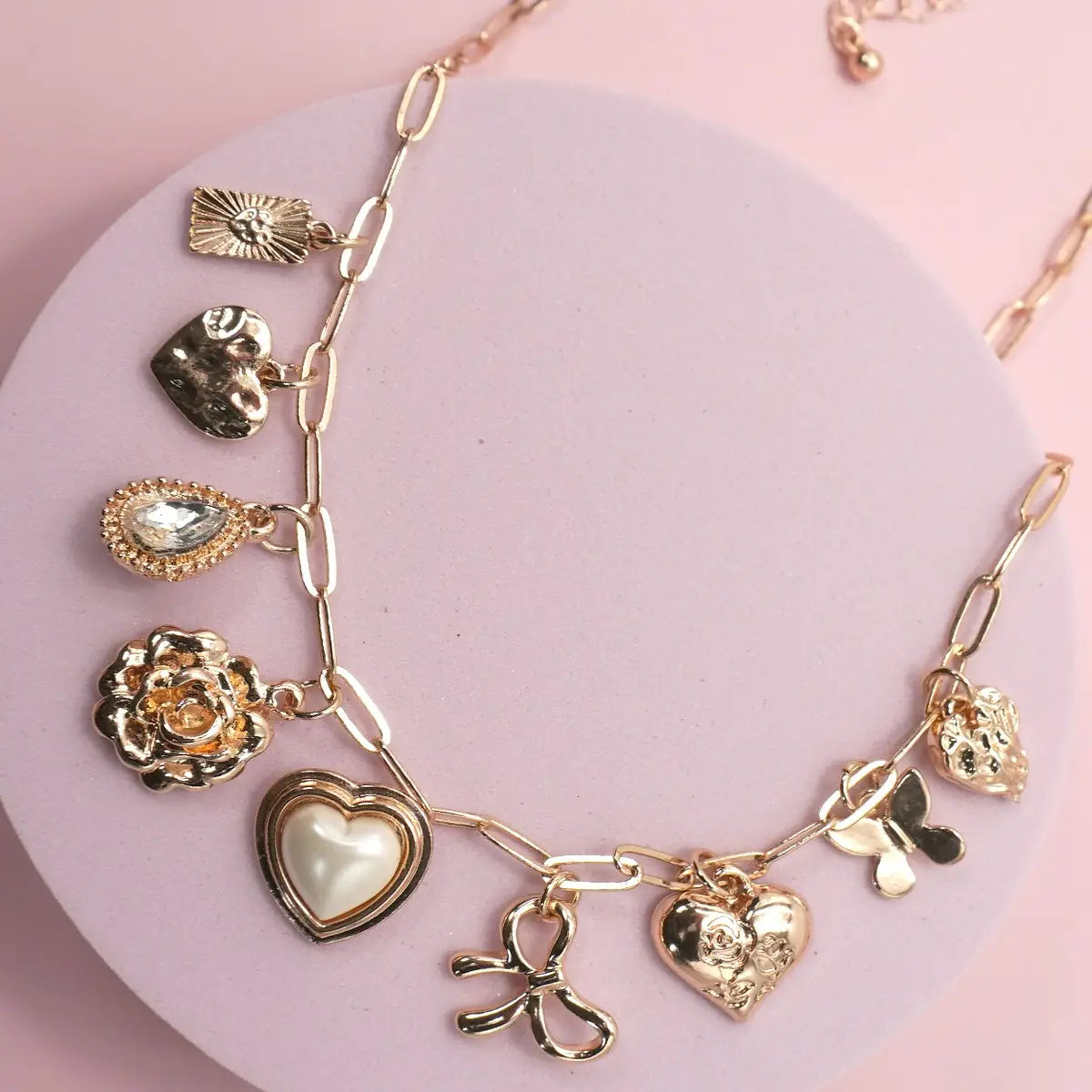 Charm Necklace Bow Heart Rhinestone Flower