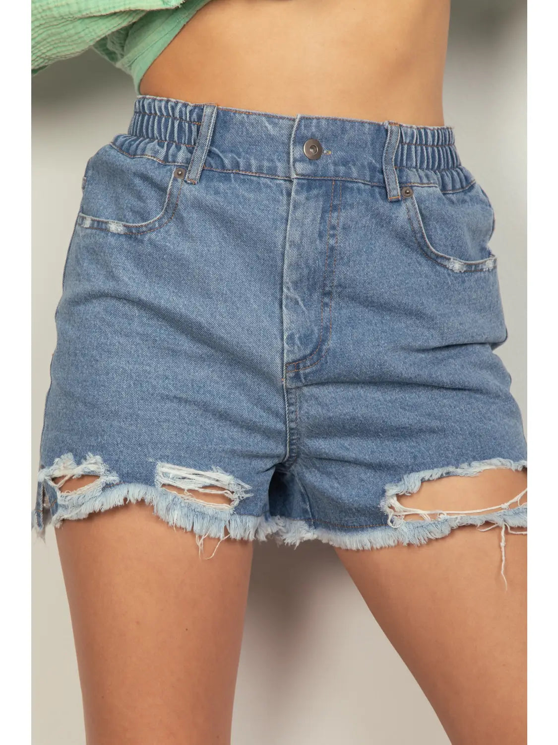 High Waist Distressed Washed Denim Shorts