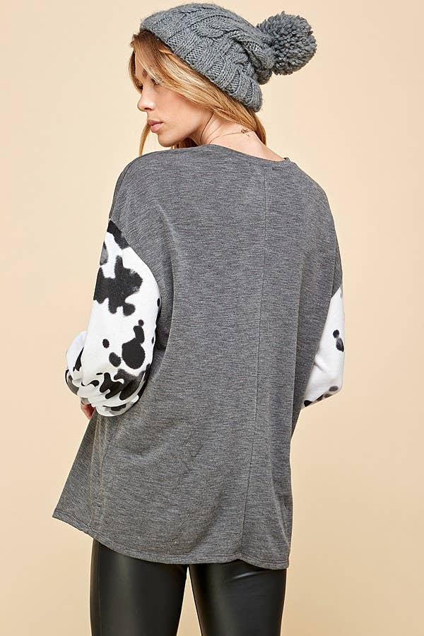 COW PRINT BLOCK LONG SLEEVE TOP