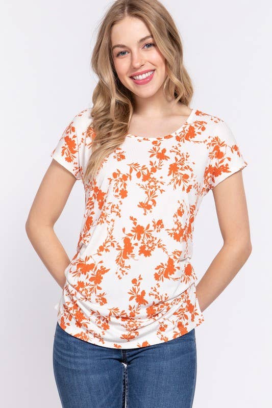 Side Pleats Print Rib Knit Top