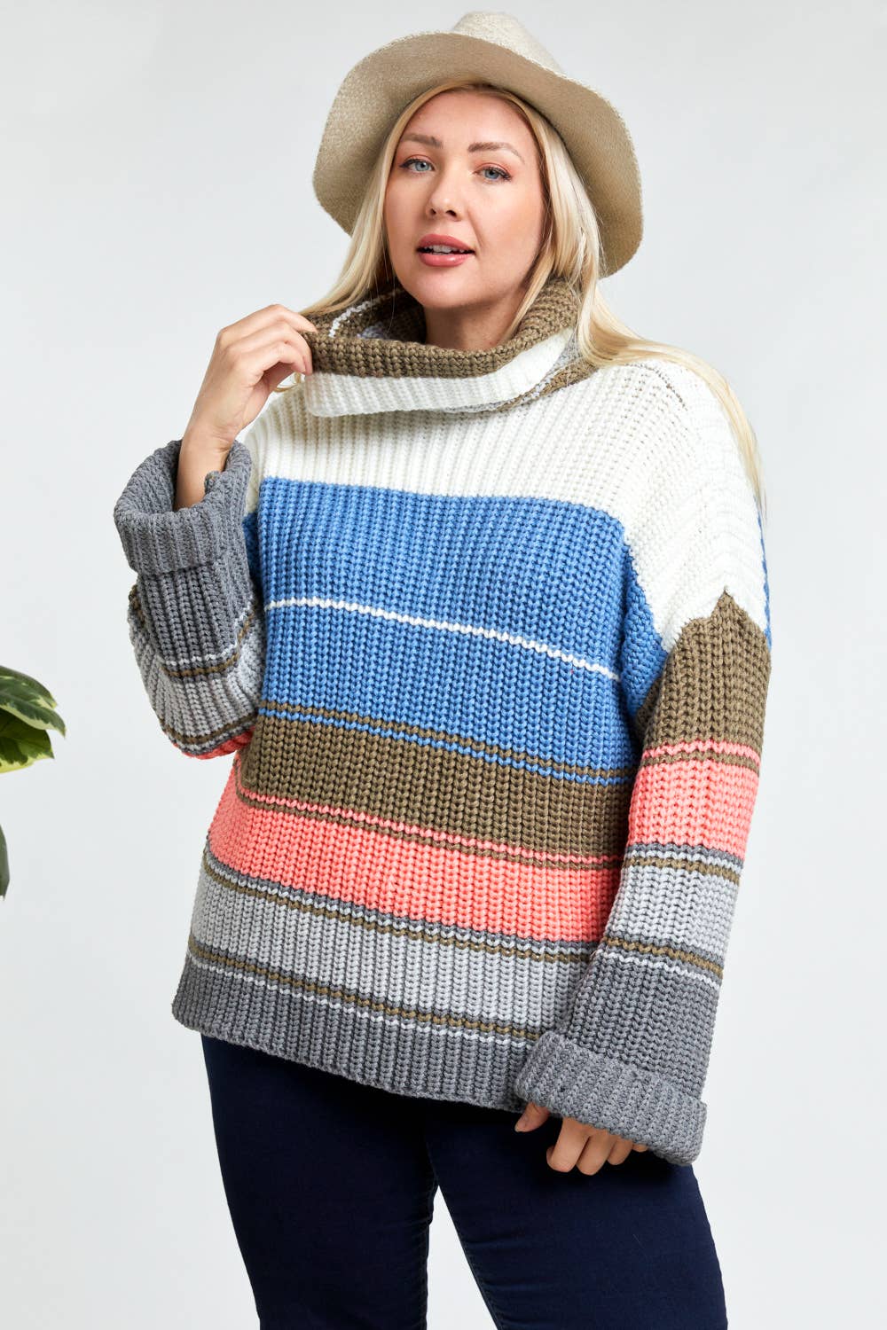 COLOR BLOCK TURTLE NECK LONG SLEEVE SWEATER
