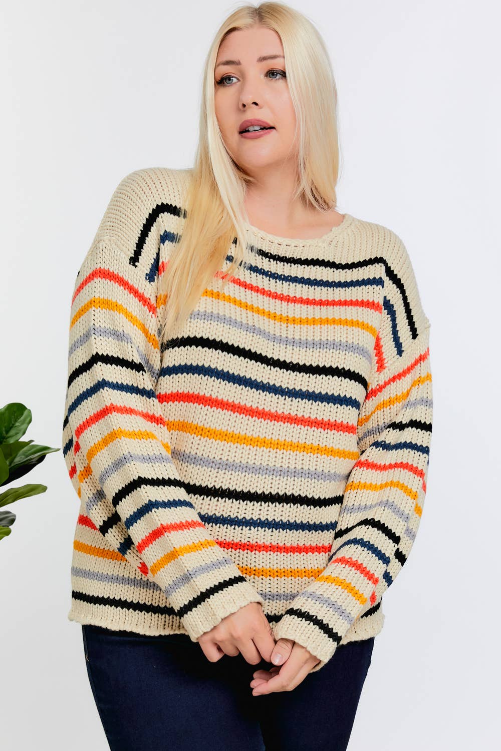 STRIPE ROUND NECK LONG SLEEVE KNIT SWEATER