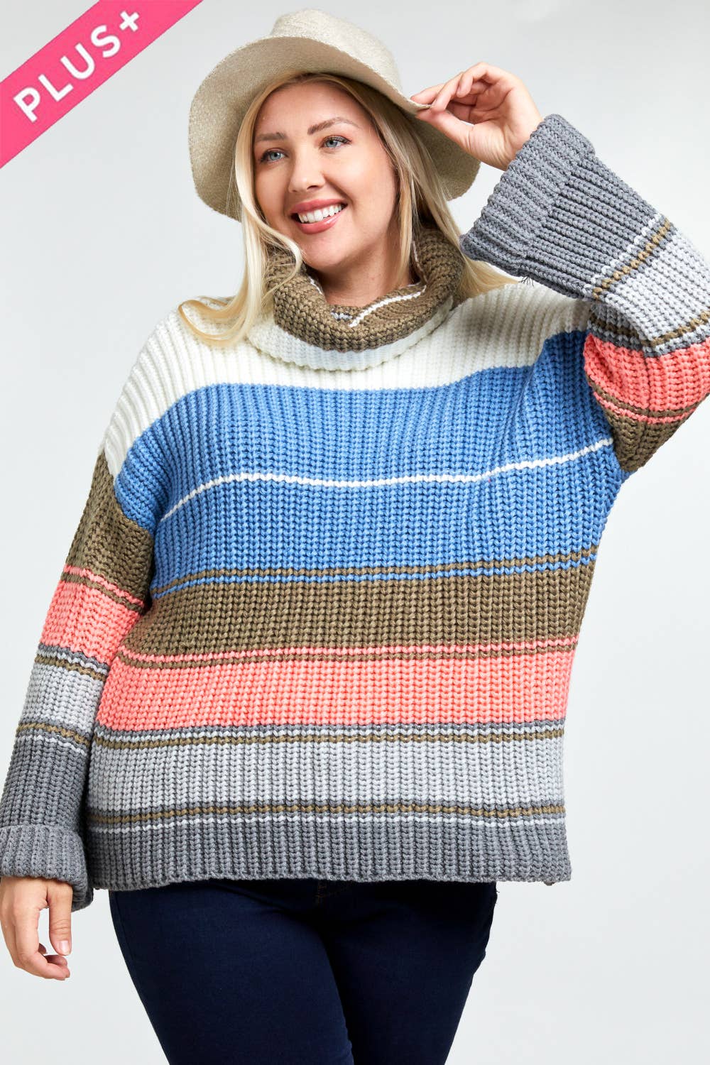 COLOR BLOCK TURTLE NECK LONG SLEEVE SWEATER