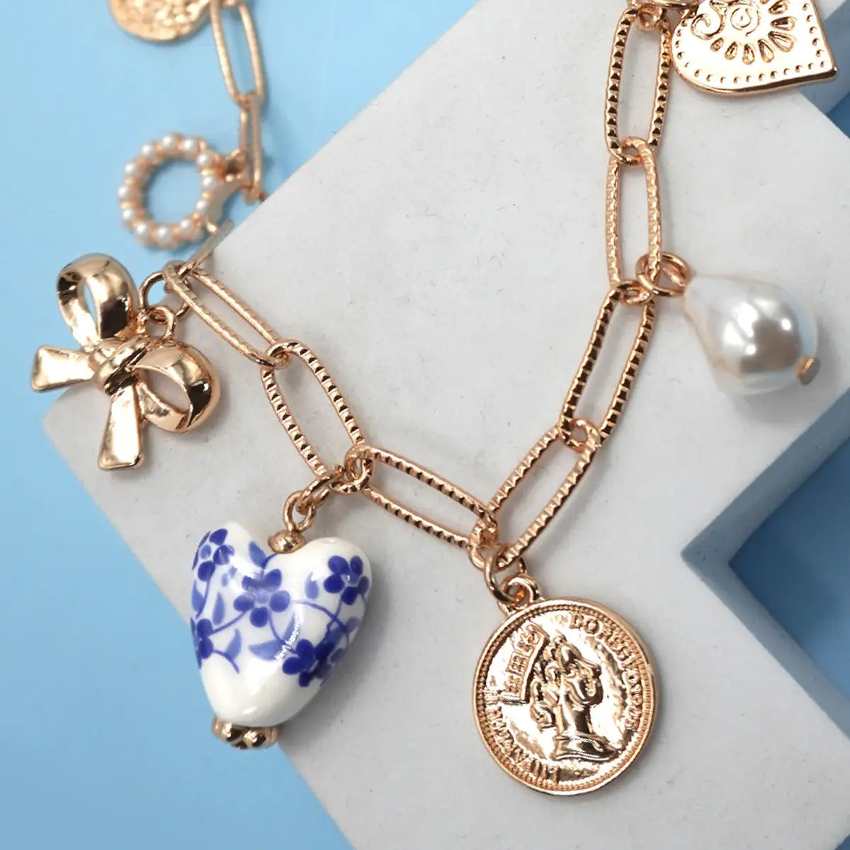 Ceramic Porcelain Bow Heart Charm Necklace