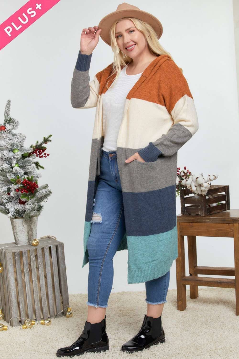 COLOR BLOCK HOODIE OPEN CARDIGAN