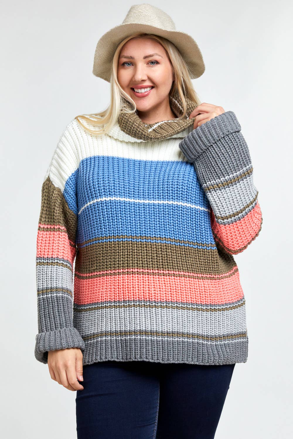 COLOR BLOCK TURTLE NECK LONG SLEEVE SWEATER