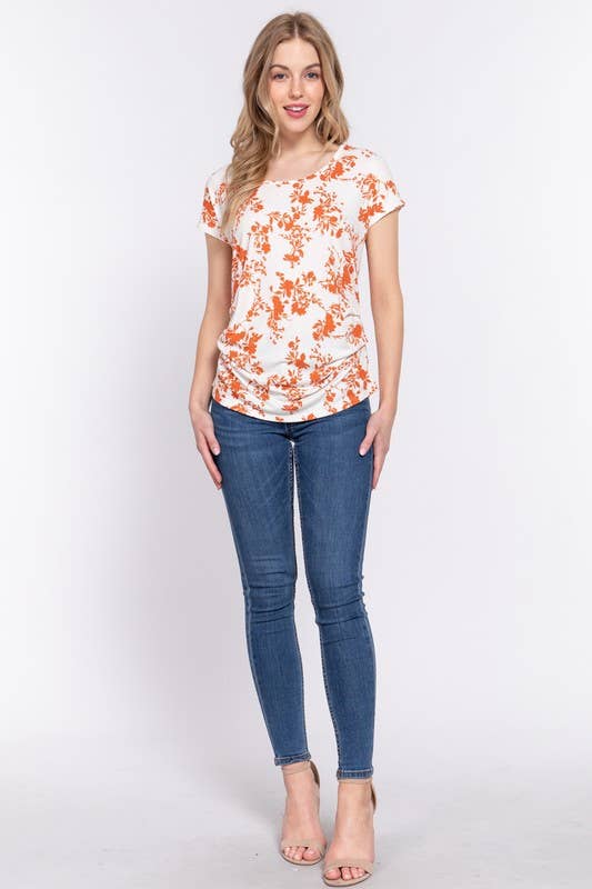 Side Pleats Print Rib Knit Top
